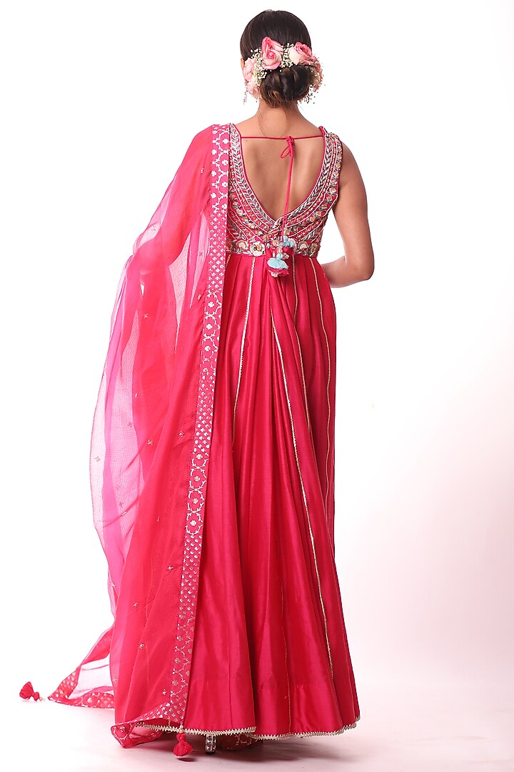 Bright Cherry Red Embroidered Wedding Anarkali Set by Label Sonia Bansal at Pernia's Pop Up Shop