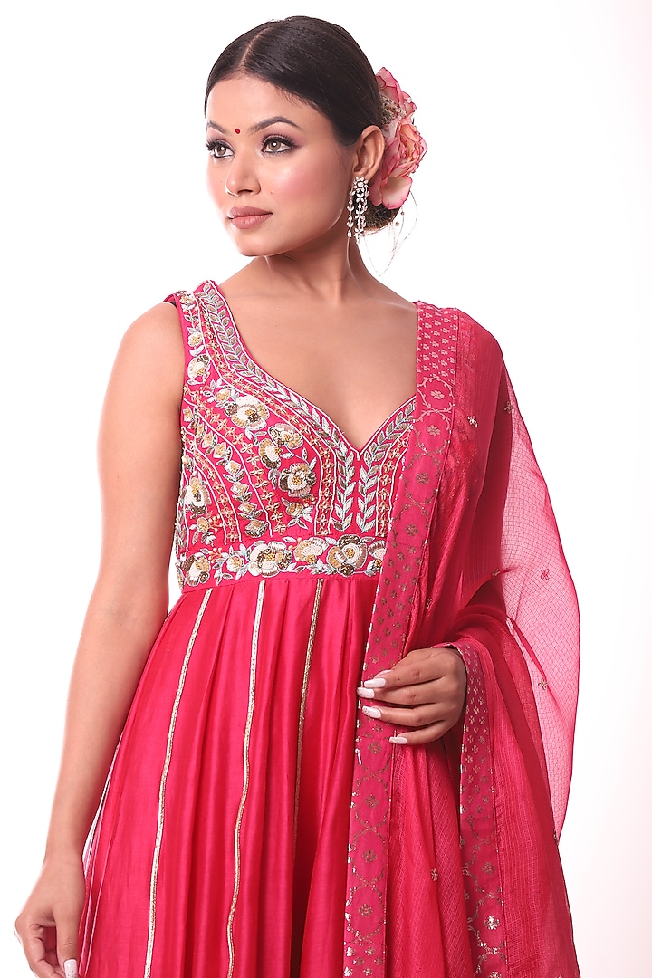 Bright Cherry Red Embroidered Wedding Anarkali Set by Label Sonia Bansal at Pernia's Pop Up Shop
