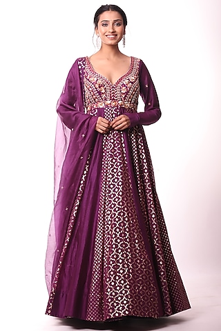 Purple Embroidered Anarkali Set by Label Sonia Bansal