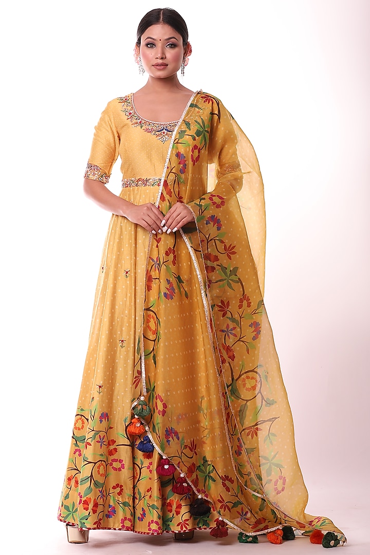 Mustard Embroidered Anarkali Set by Label Sonia Bansal