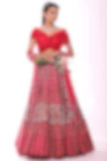 Cherry Red Embroidered Lehenga Set by Label Sonia Bansal