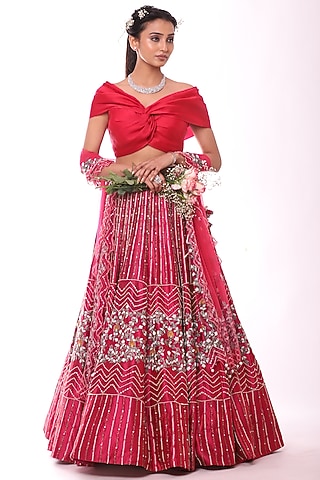 Cherry Red Embroidered Lehenga Set by Label Sonia Bansal