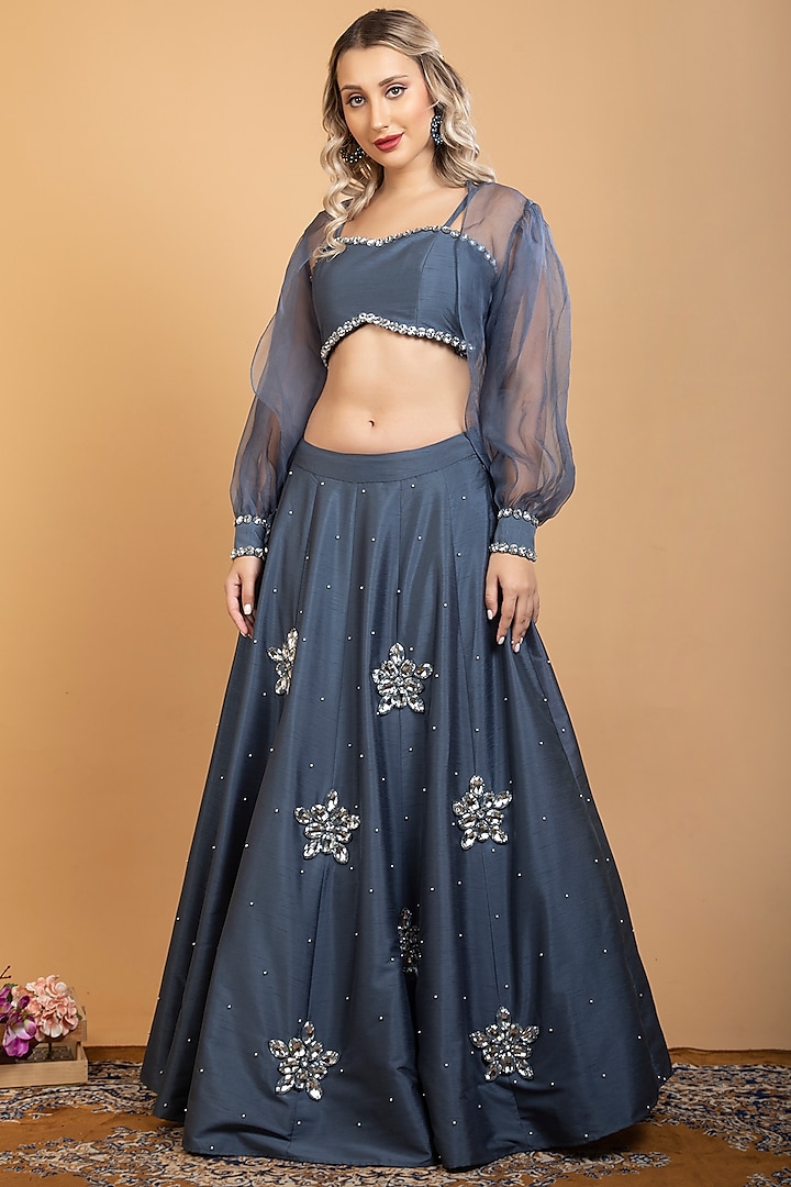 Grey Organza Embellished Jacket Lehenga Set by Sneha B