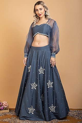 Grey Organza Embellished Jacket Lehenga Set by Sneha B