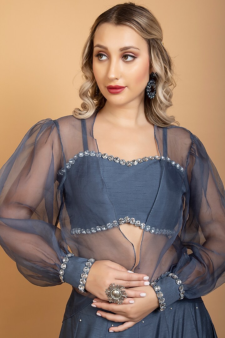 Grey Organza Embellished Jacket Wedding Lehenga Set by Sneha B at Pernia's Pop Up Shop