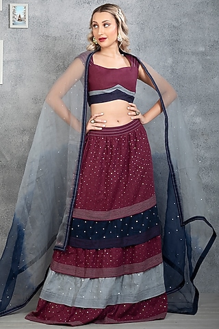Multi-Colored Linen Embroidered Layered Lehenga Set by Sneha B