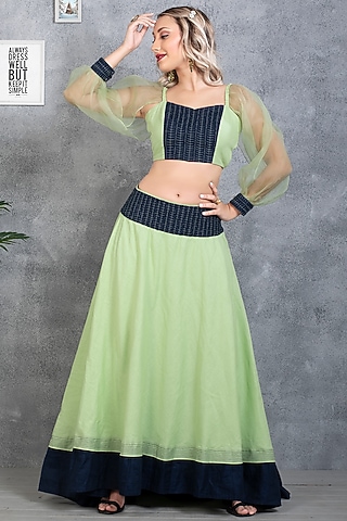 Light Green Pure Linen Lehenga Set by Sneha B