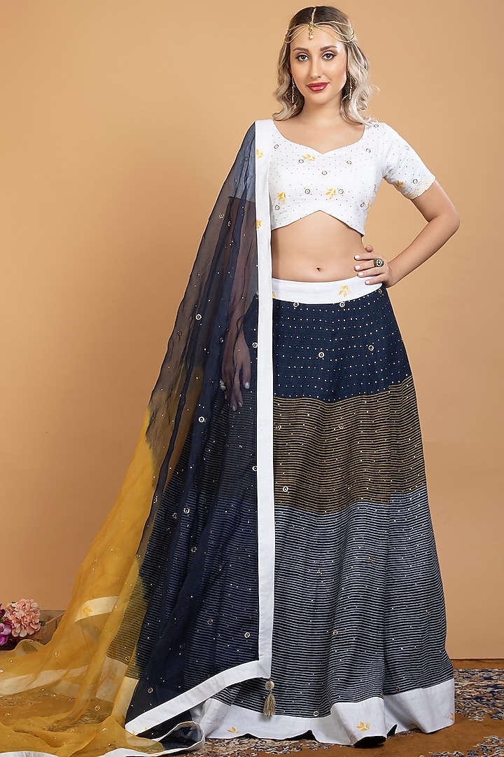 Ink Blue Pure Linen Embroidered Lehenga Set by Sneha B