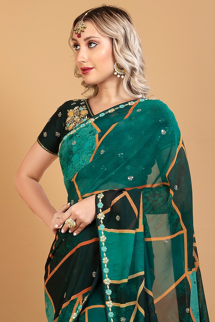 Multi-Colored Georgette Printed & Zardosi Embroidered Party Wear Saree Set by Sneha B at Pernia's Pop Up Shop