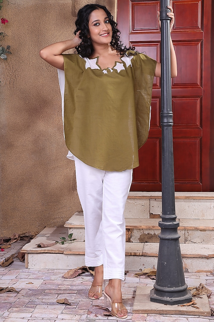 Mehendi Green & White Linen Kaftan Set by Sneha B