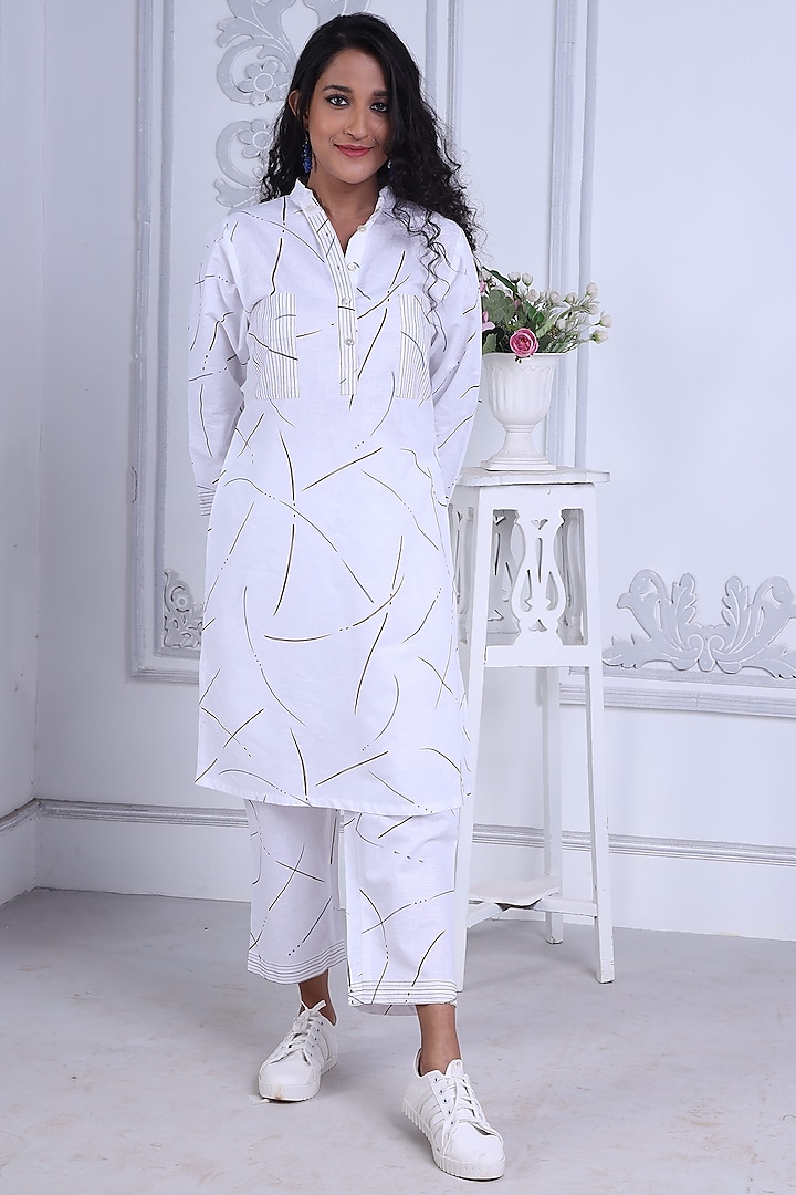 White Embroidered Kurta Set by Sneha B