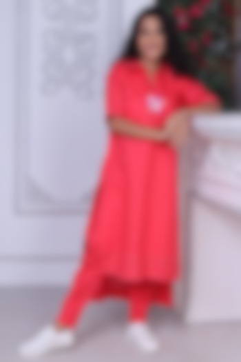 Tomato Red Embroidered Kurta Set by Sneha B