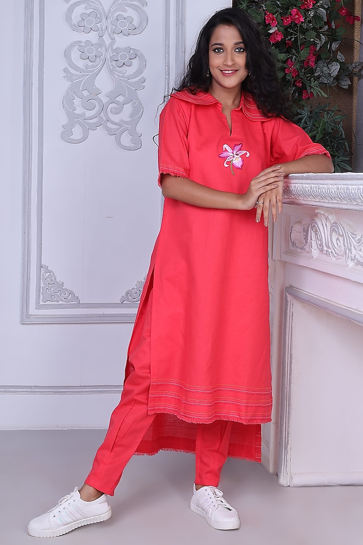 Tomato Red Embroidered Kurta Set by Sneha B