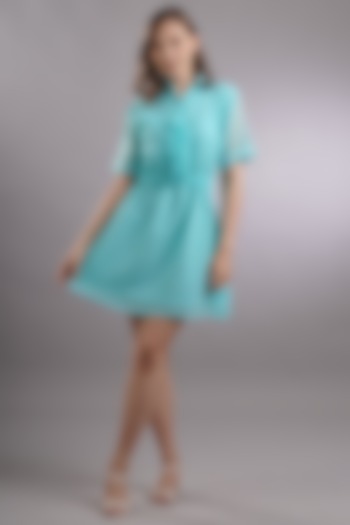 Blue Georgette Ruffled Mini Dress by Sneha B