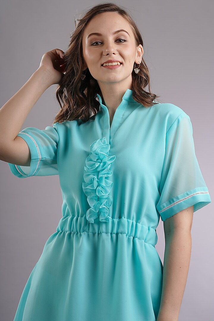 Blue Georgette Ruffled Mini Summer Dress by Sneha B at Pernia's Pop Up Shop