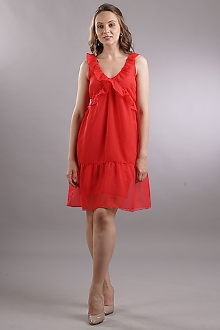 Red Georgette Mini Dress by Sneha B