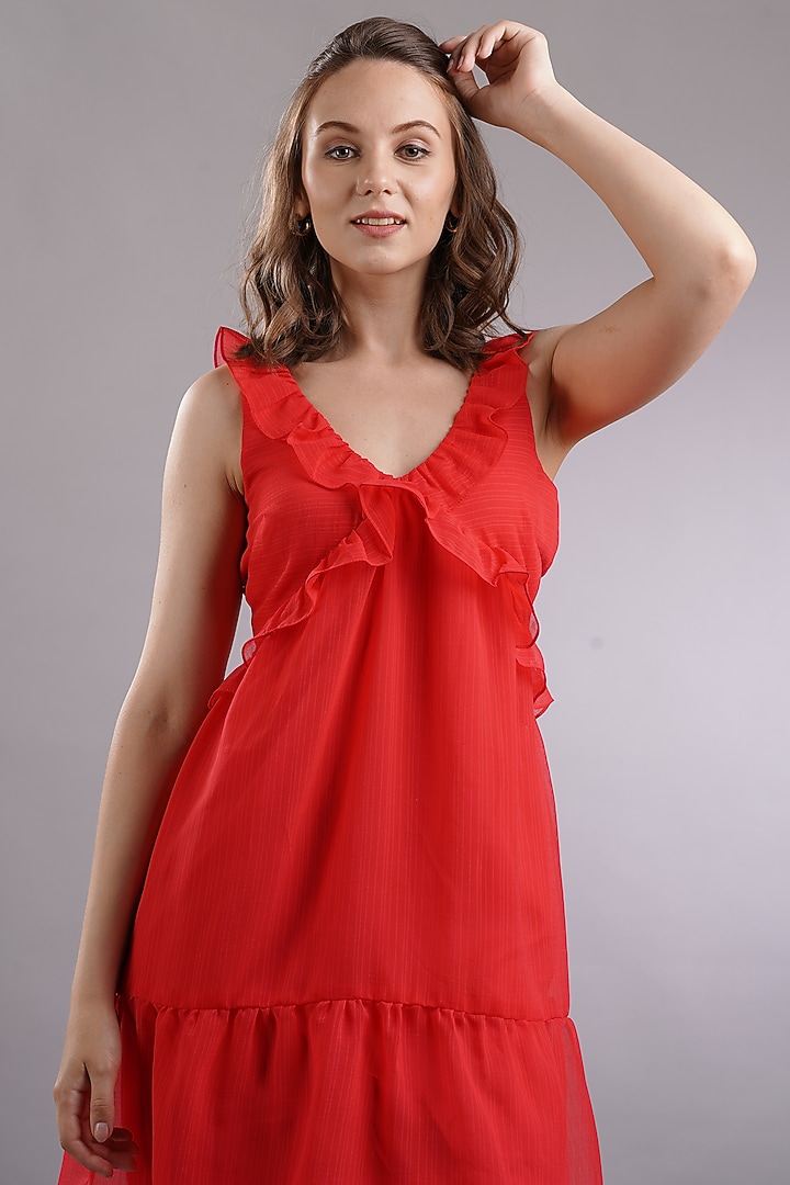 Red Georgette Mini Summer Dress by Sneha B at Pernia's Pop Up Shop