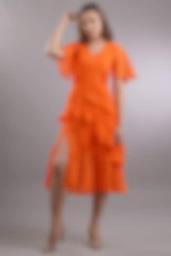 Orange Georgette Midi Dress by Sneha B