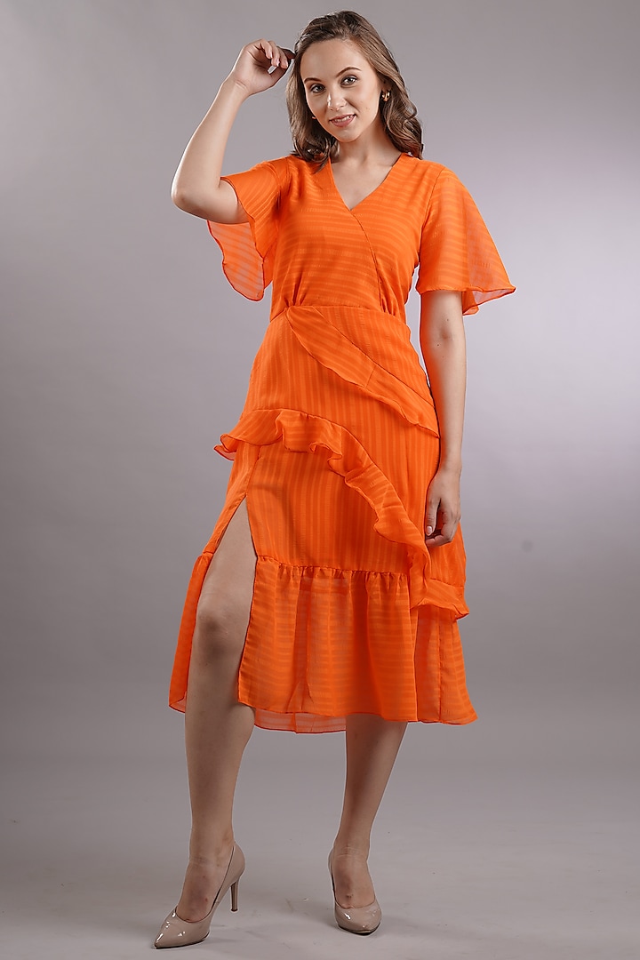 Orange Georgette Midi Dress by Sneha B