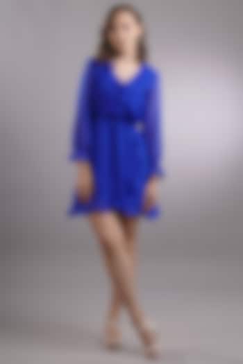 Blue Georgette Ruffled Dress by Sneha B