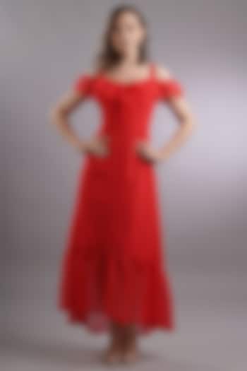 Red Georgette Ruffled Dress by Sneha B