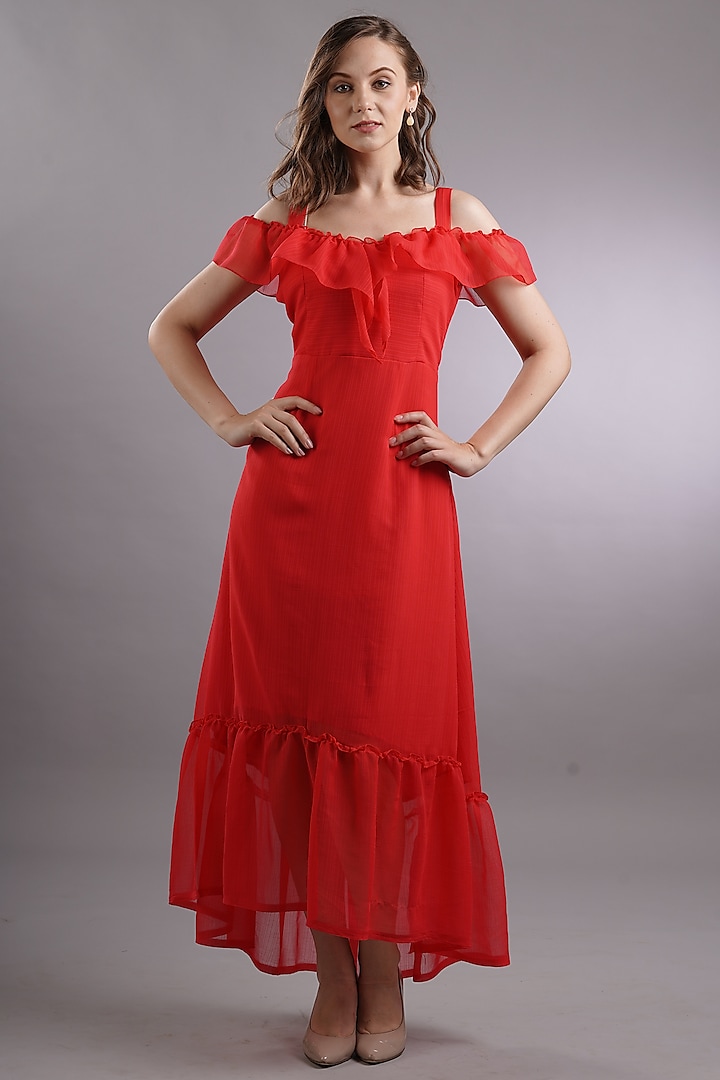 Red Georgette Ruffled Dress by Sneha B at Pernia's Pop Up Shop