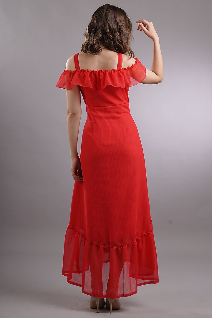 Red Georgette Ruffled Summer Dress by Sneha B at Pernia's Pop Up Shop