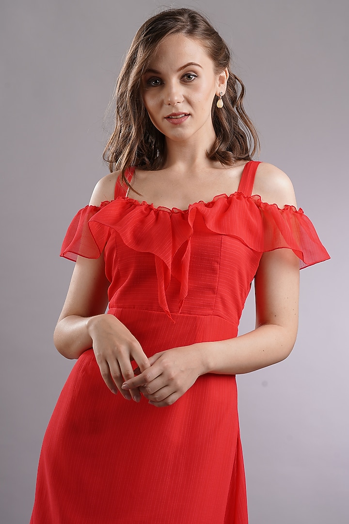 Red Georgette Ruffled Summer Dress by Sneha B at Pernia's Pop Up Shop