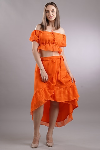 Orange Georgette Skirt Set by Sneha B