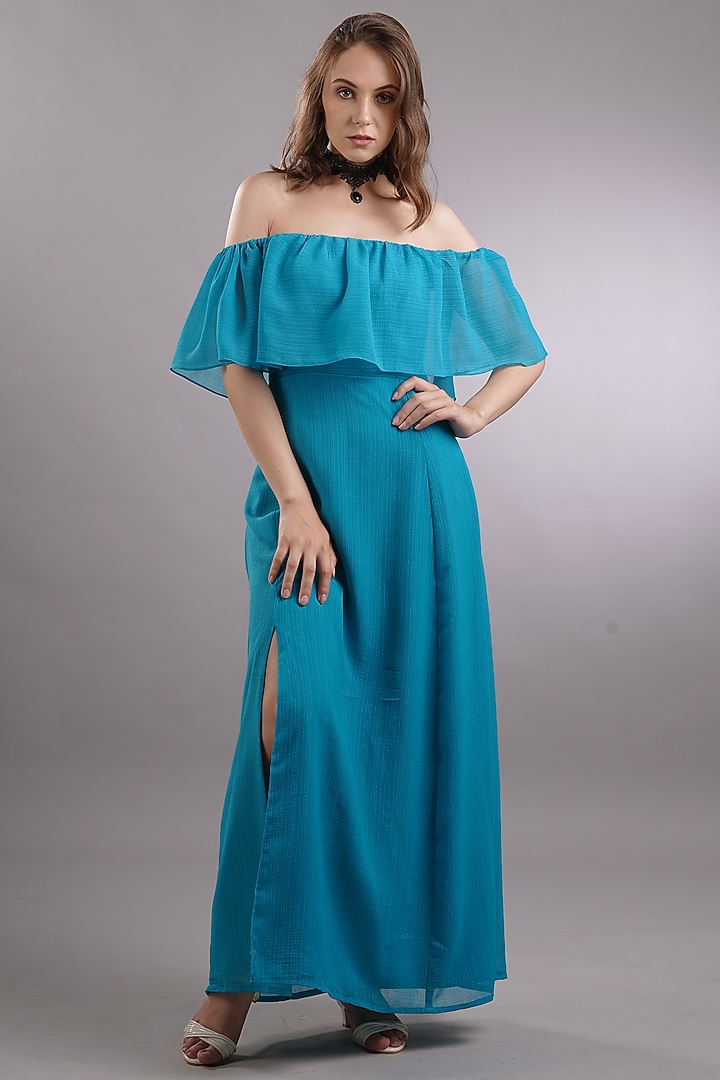 Blue Georgette Ruffled Overlay Summer Dress by Sneha B at Pernia's Pop Up Shop