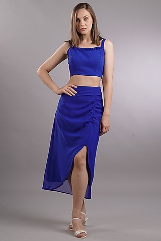 Blue Georgette Skirt Set With Jacket by Sneha B