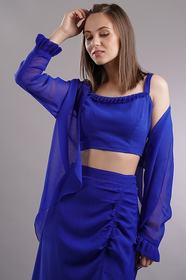 Blue Georgette Skirt Set With Jacket by Sneha B at Pernia's Pop Up Shop