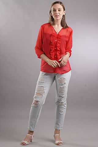 Red Georgette Shirt by Sneha B