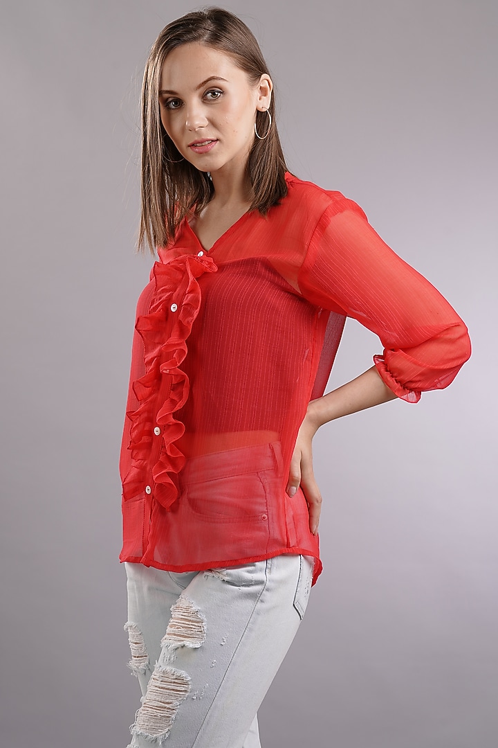 Red Georgette Shirt by Sneha B at Pernia's Pop Up Shop