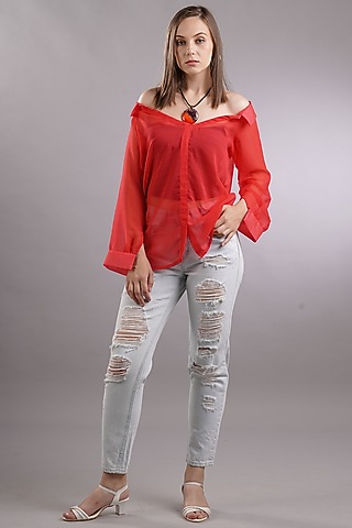 Red Georgette Off-Shoulder Top by Sneha B