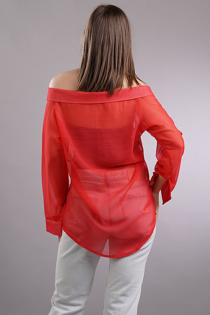 Red Georgette Off-Shoulder Top by Sneha B at Pernia's Pop Up Shop