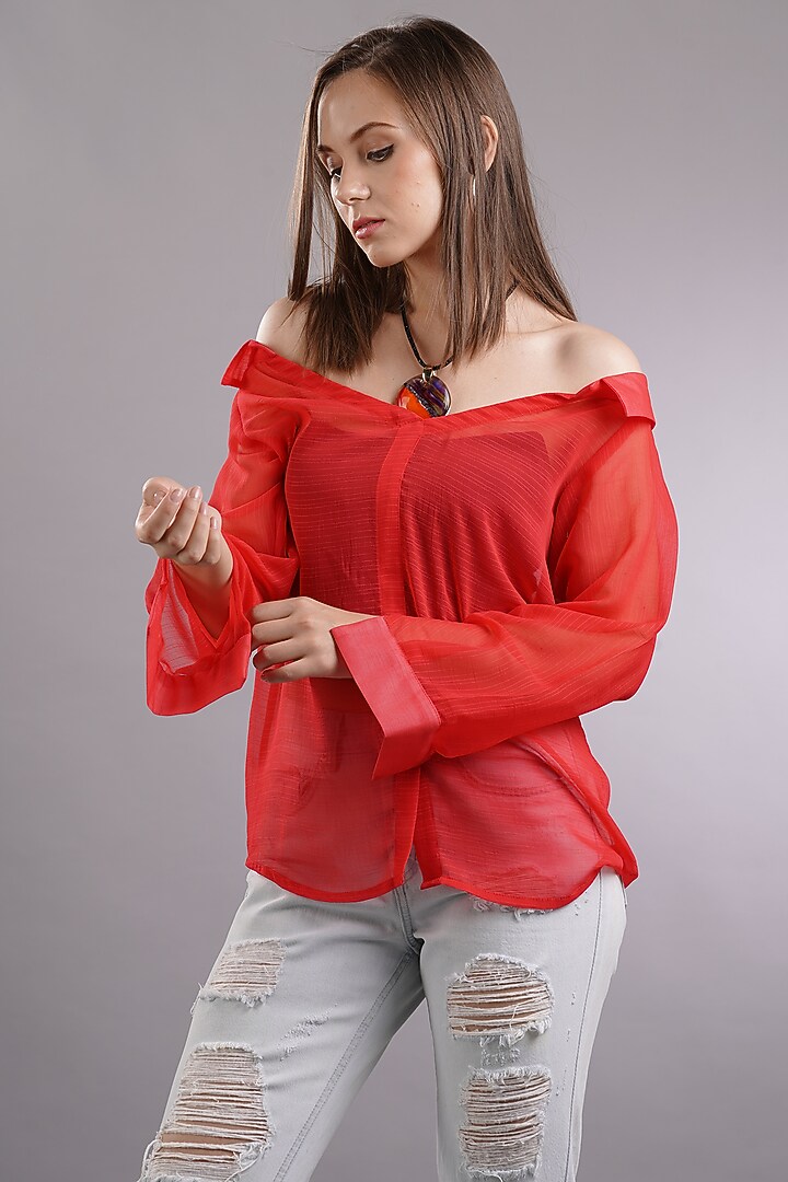 Red Georgette Off-Shoulder Top by Sneha B at Pernia's Pop Up Shop