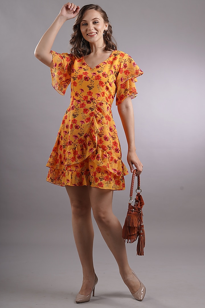 Yellow Printed Mini Dress by Sneha B