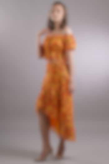 Orange Printed Asymmetric Skirt Set by Sneha B