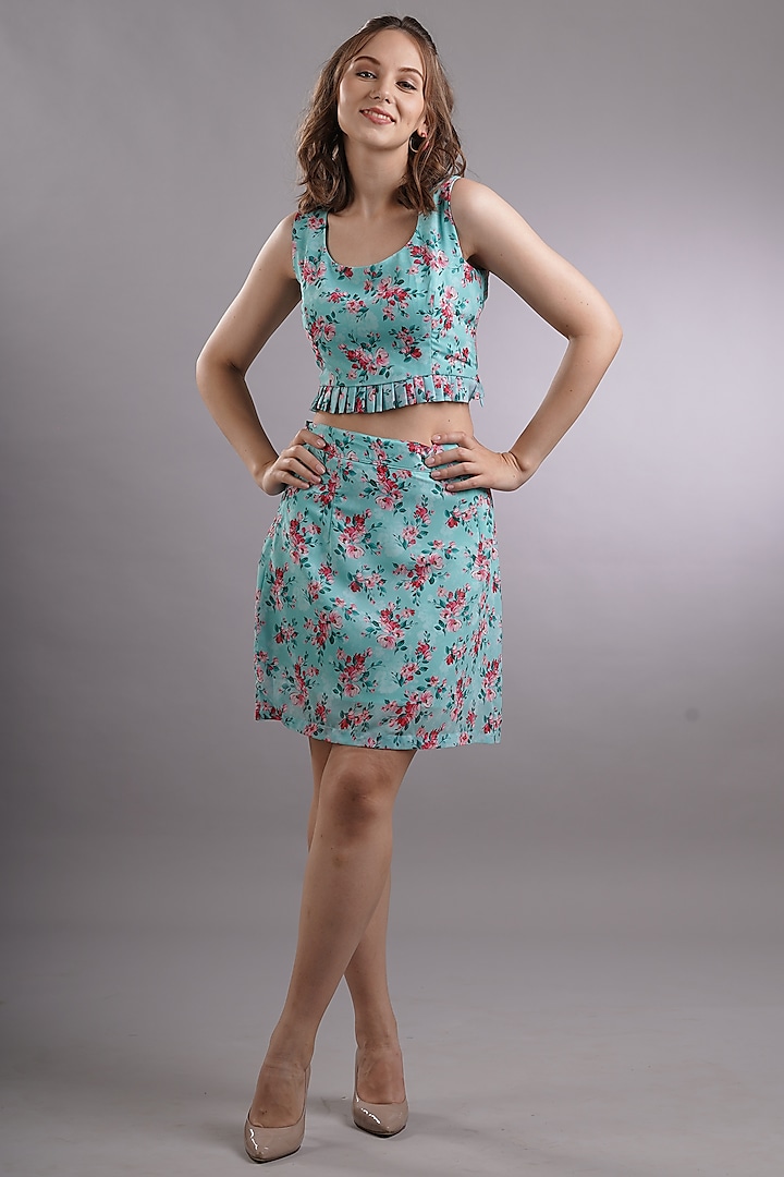 Green Floral Printed Skirt Set by Sneha B