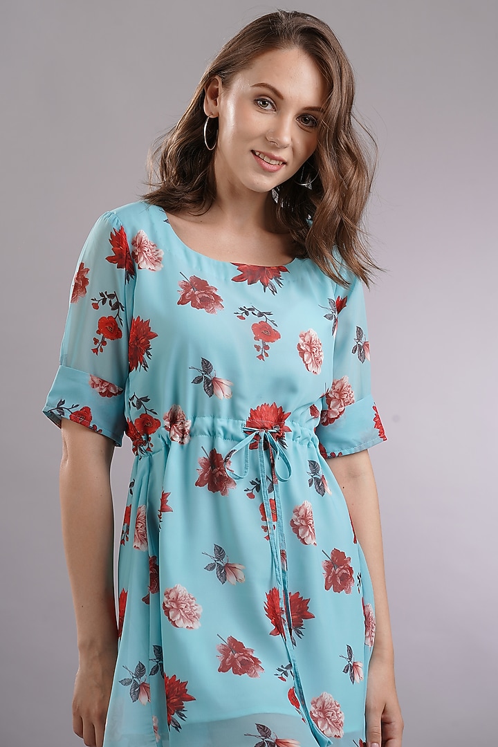 Blue Printed Mini Summer Dress by Sneha B at Pernia's Pop Up Shop