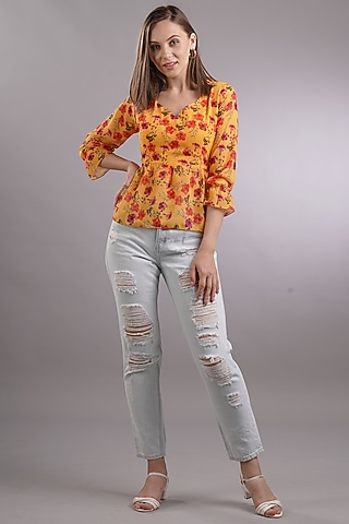 Orange Floral Printed Top by Sneha B