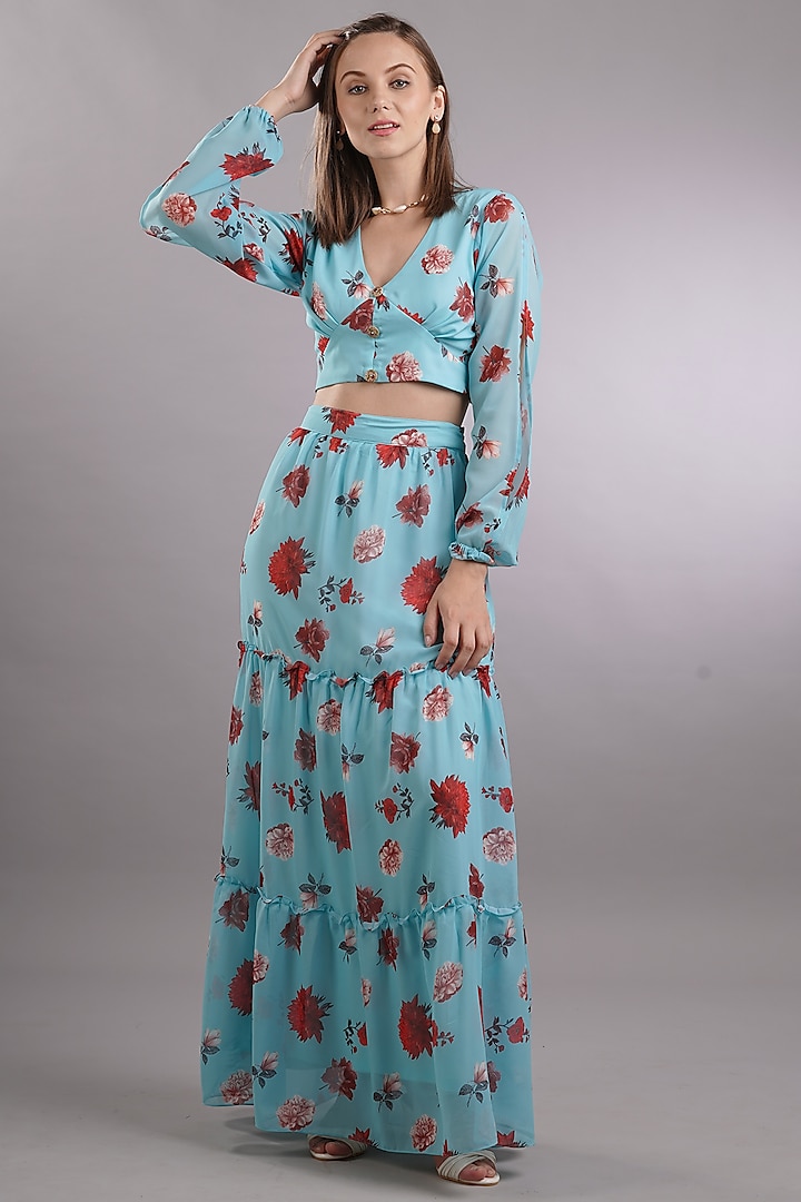 Blue Printed Skirt Set by Sneha B