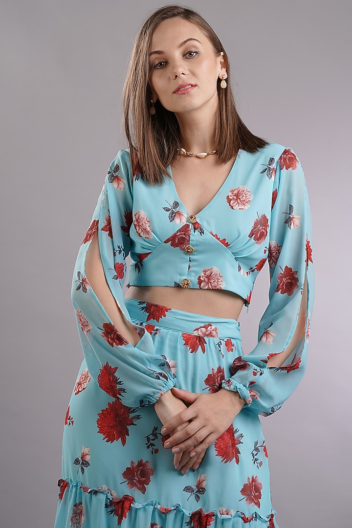 Blue Printed Skirt Set by Sneha B at Pernia's Pop Up Shop
