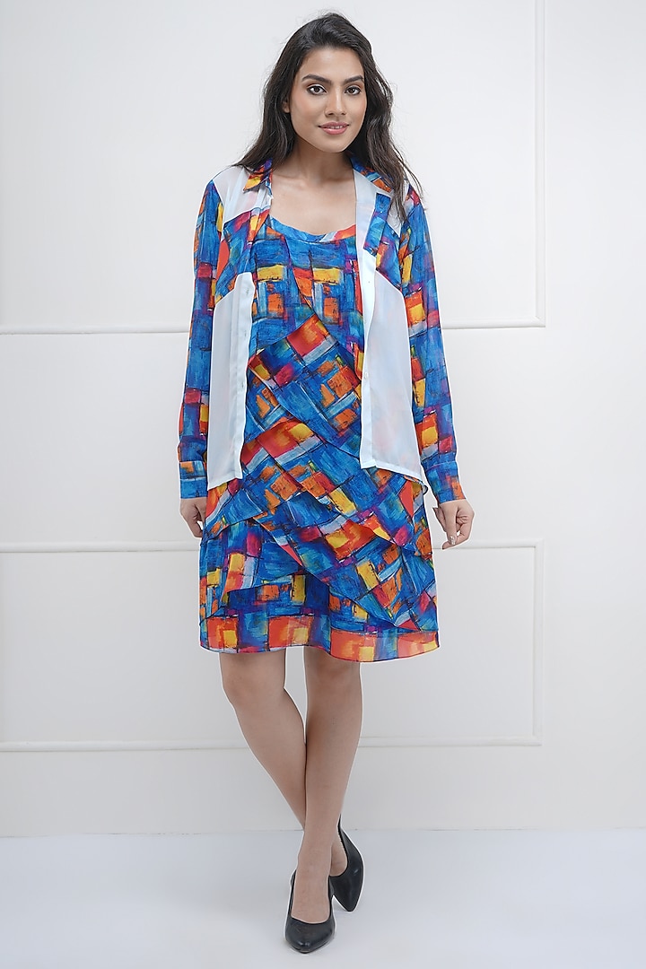 Blue Georgette Printed Dress With Shirt by Sneha B