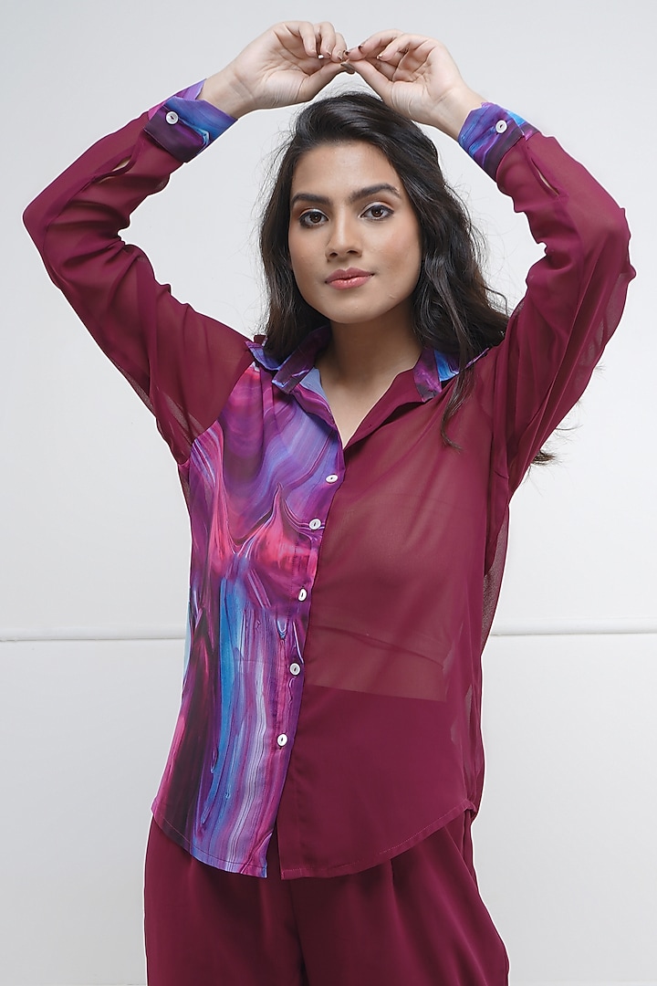 Maroon Georgette Printed Co-Ord Set by Sneha B at Pernia's Pop Up Shop