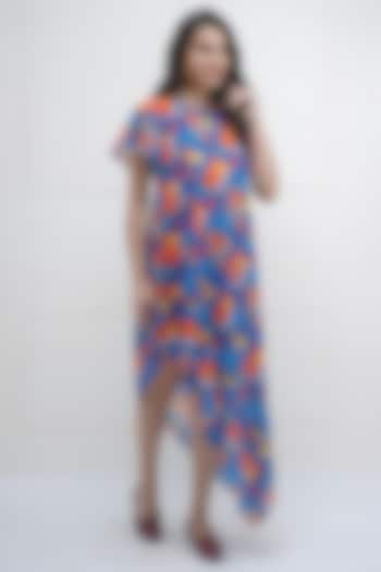 Blue Printed Asymmetrical Dress by Sneha B at Pernia's Pop Up Shop