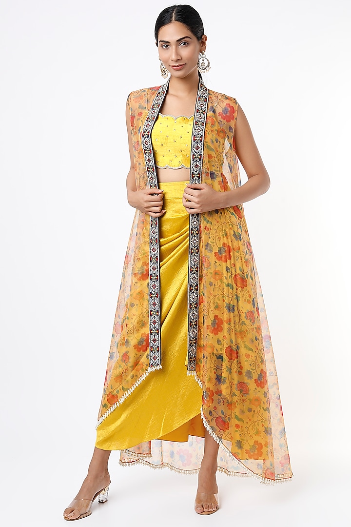 Bright Yellow Embroidered Jacket Set by Sneha Parekh