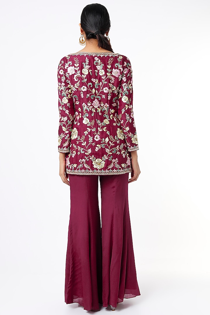 Burgundy Chiffon Bell Bottom Pant Set by Sneha Parekh at Pernia's Pop Up Shop