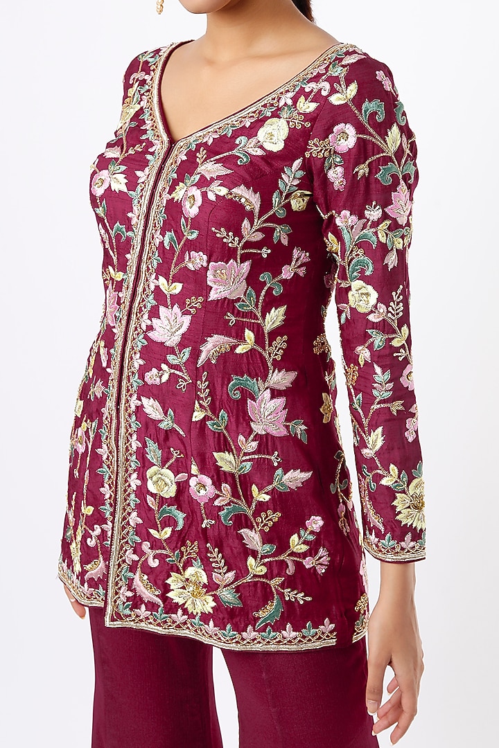 Burgundy Chiffon Bell Bottom Pant Set by Sneha Parekh at Pernia's Pop Up Shop